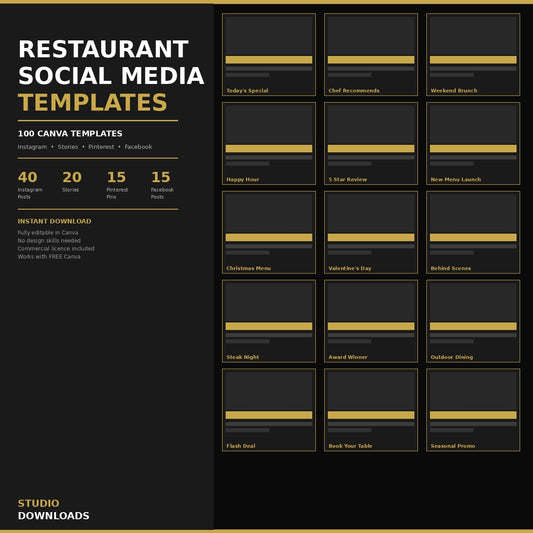 Restaurant Social Media Templates | 100 Canva Templates for Instagram, Facebook & Pinterest | Instant Download